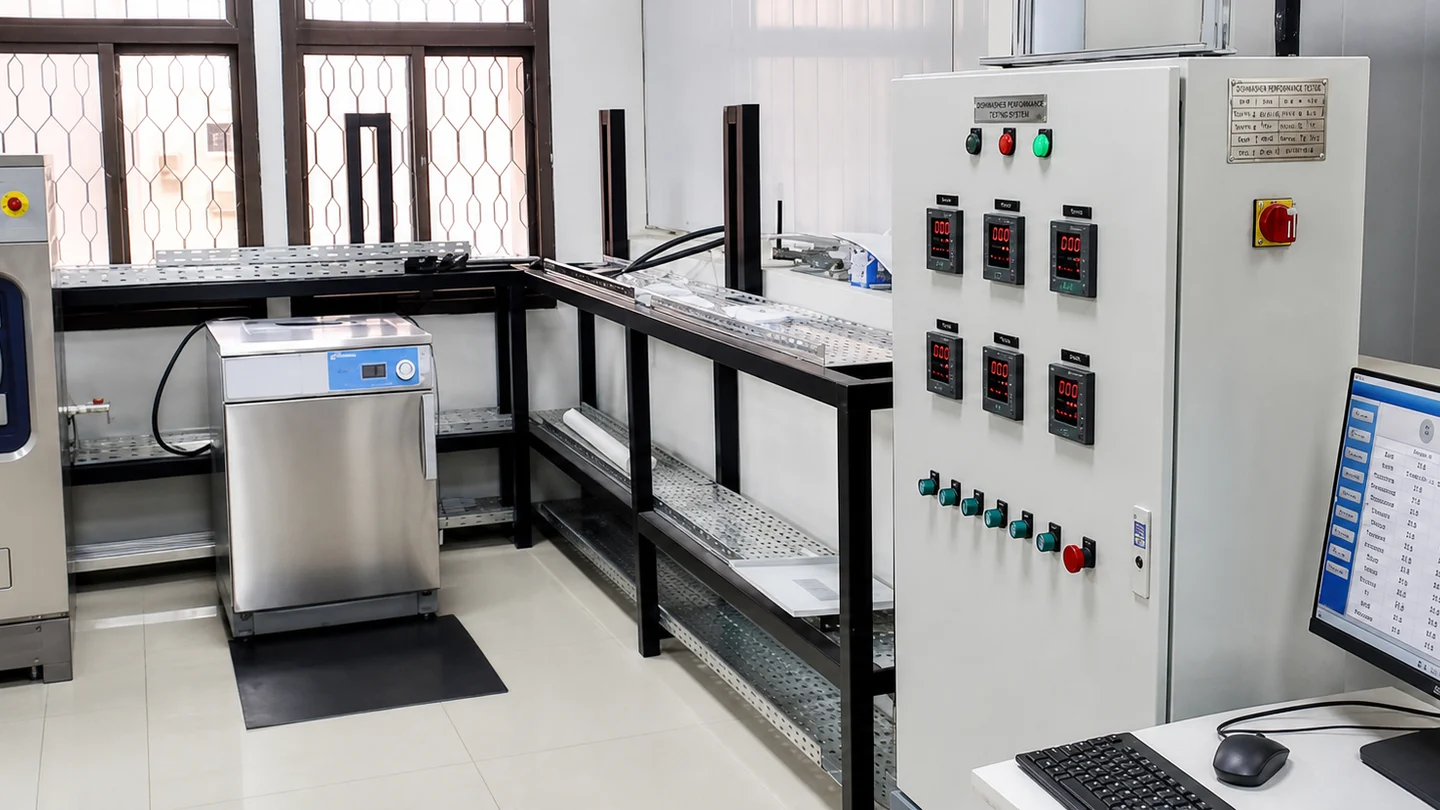 Dishwasher performance test station with control cabinet and monitoring display