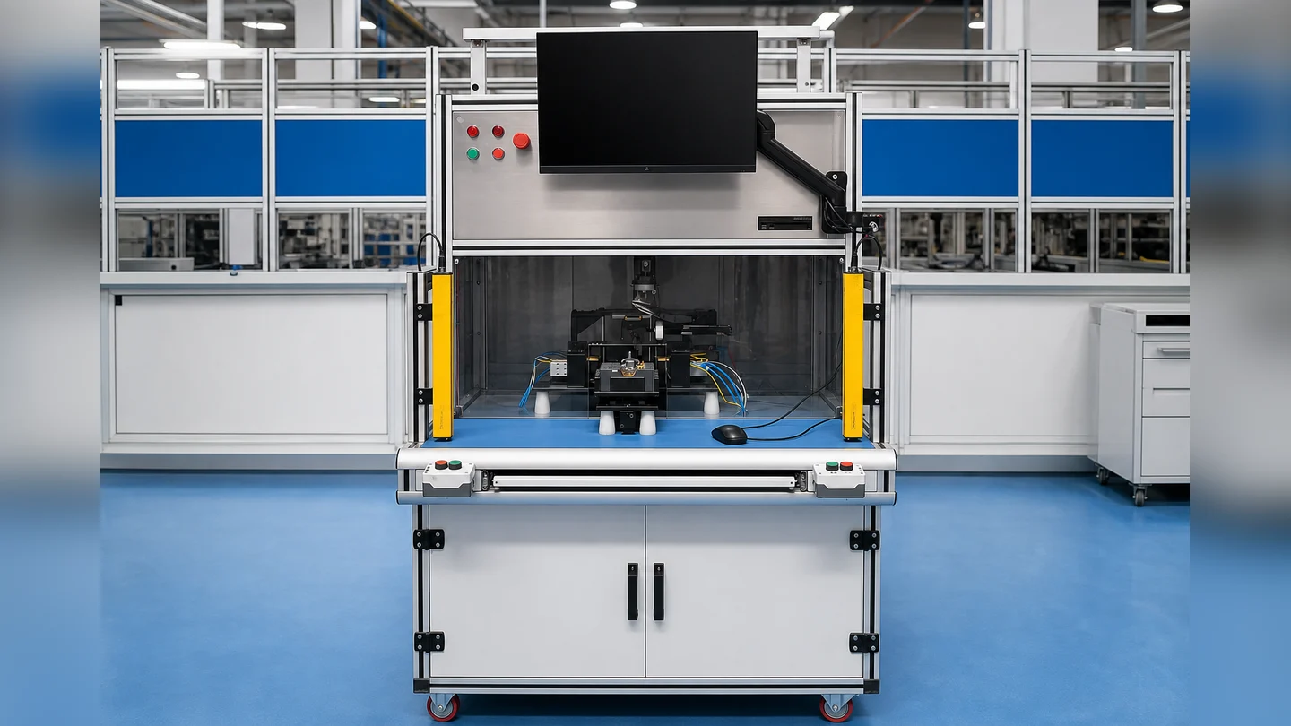 MCCB force testing panel with guarded test chamber and safety light curtains