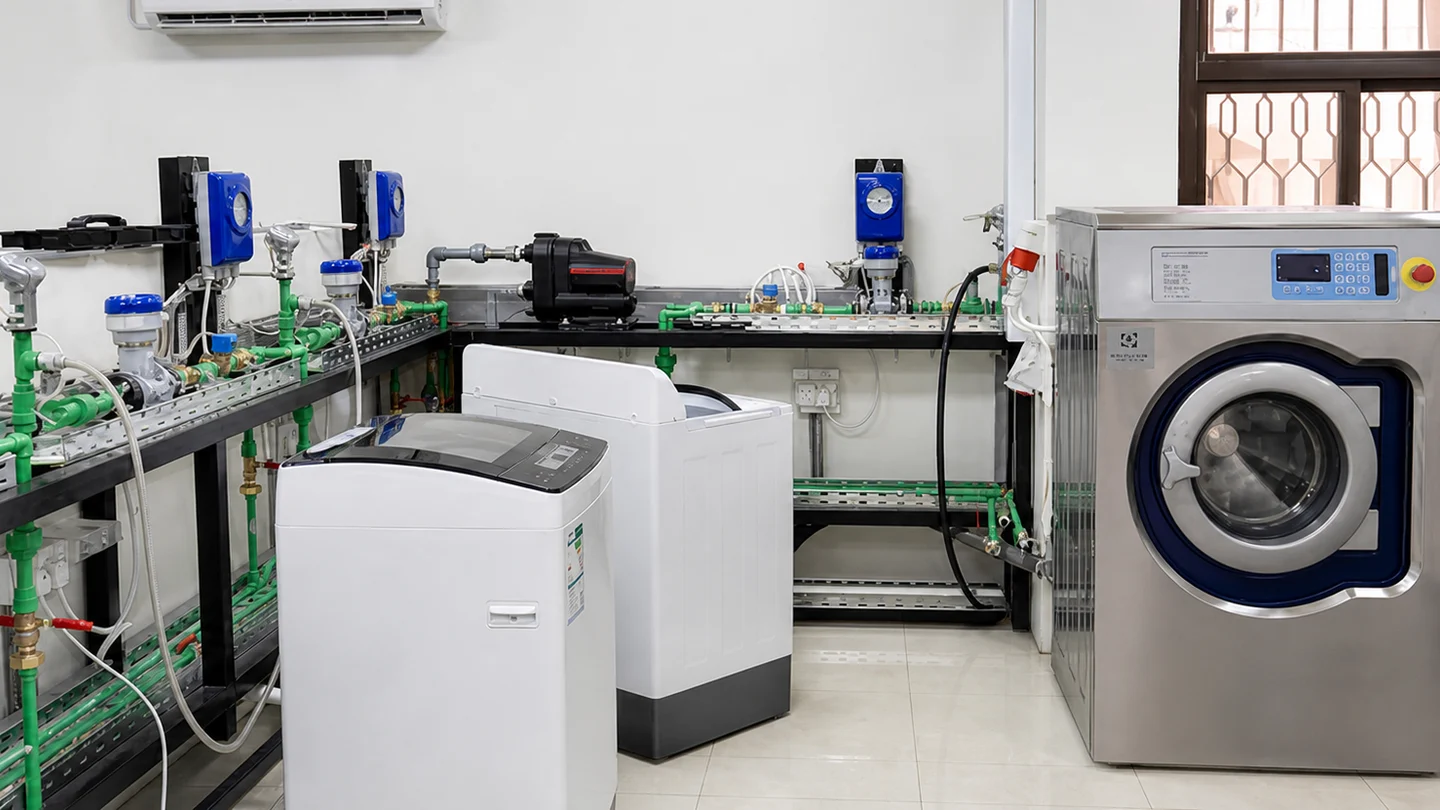 Washing machines connected to a performance test system with metered pipework