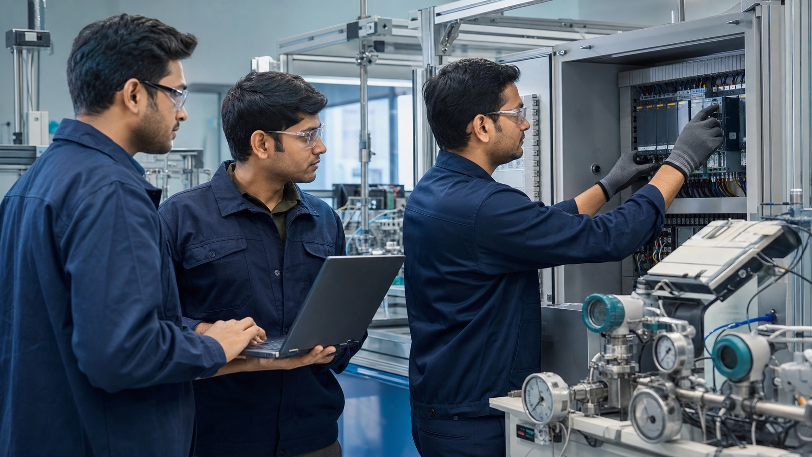 Automation engineers commissioning a PLC control system in an industrial laboratory
